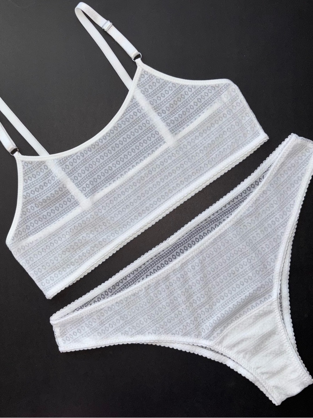 White Summer Eyelet Lace Sheer Mesh Bralette Bikini Panties Handcrafted Set S M